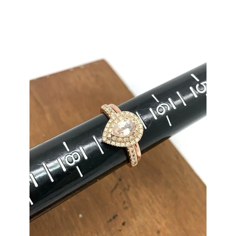Wedding Set Pear Morganite Diamond 14k Rose Gold Engagement Ring Band Size 7